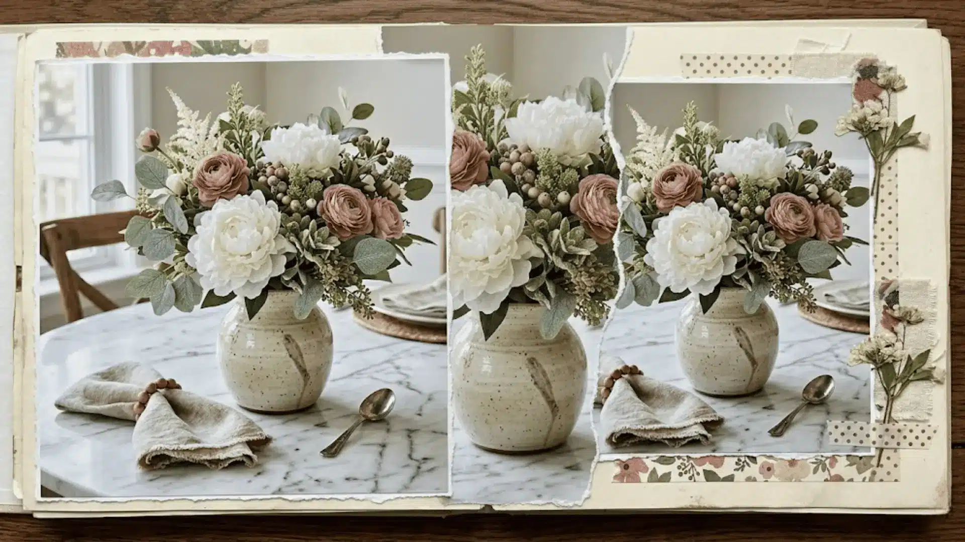 realistic artificial white peony and pink ranunculus floral arrangement as dining table centerpiece on marble