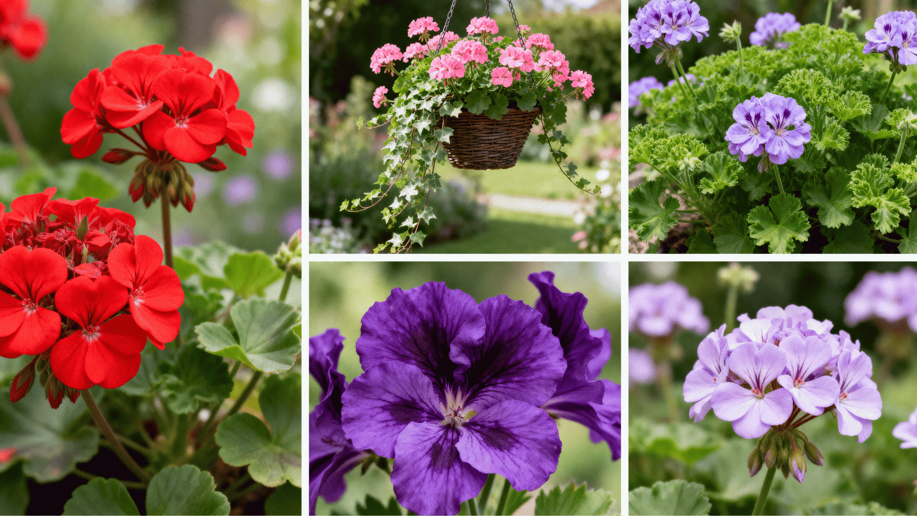 realistic collage of five colorful geranium varieties with vibrant blooms in hanging baskets, pots, and garden settings.