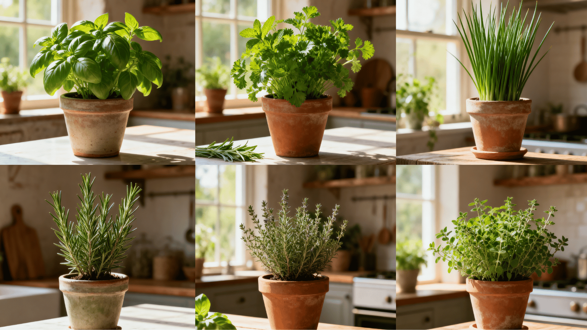 realistic collage of fresh indoor herbs in clay pots placed in a warm sunlit kitchen with natural cozy home garden vibes.