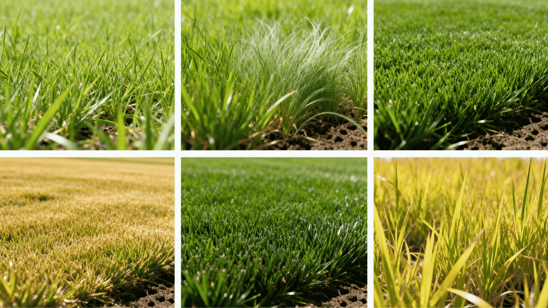 realistic collage showing six different grass types with varied textures, colors, and lawn densities in natural sunlight.