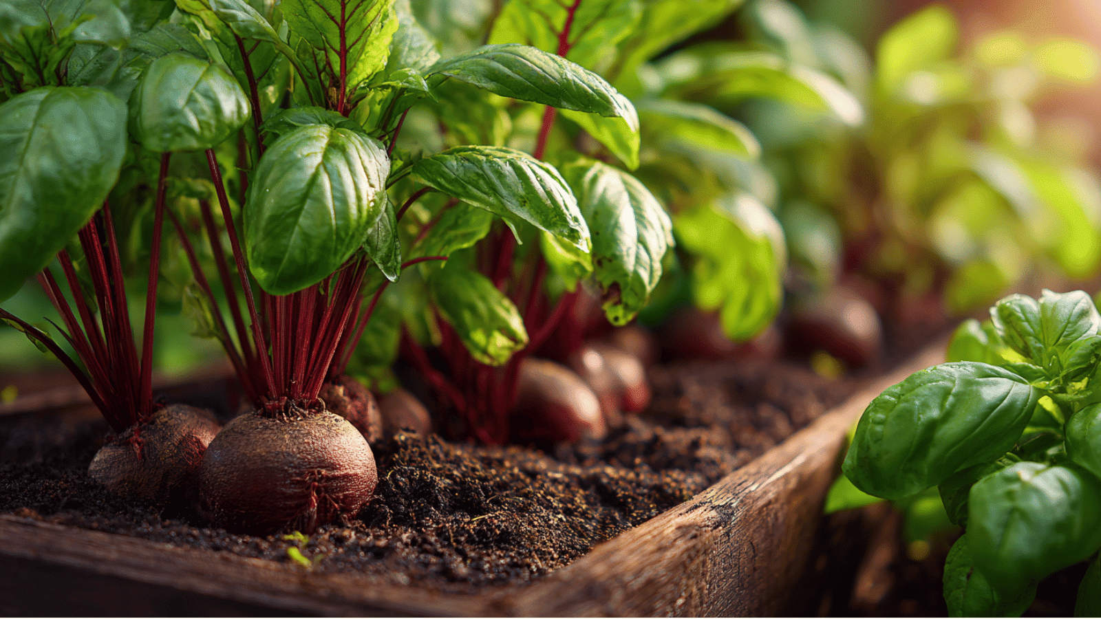 Red beets and basil growing in a wooden planter with rich compost and glowing natural outdoor summer light.