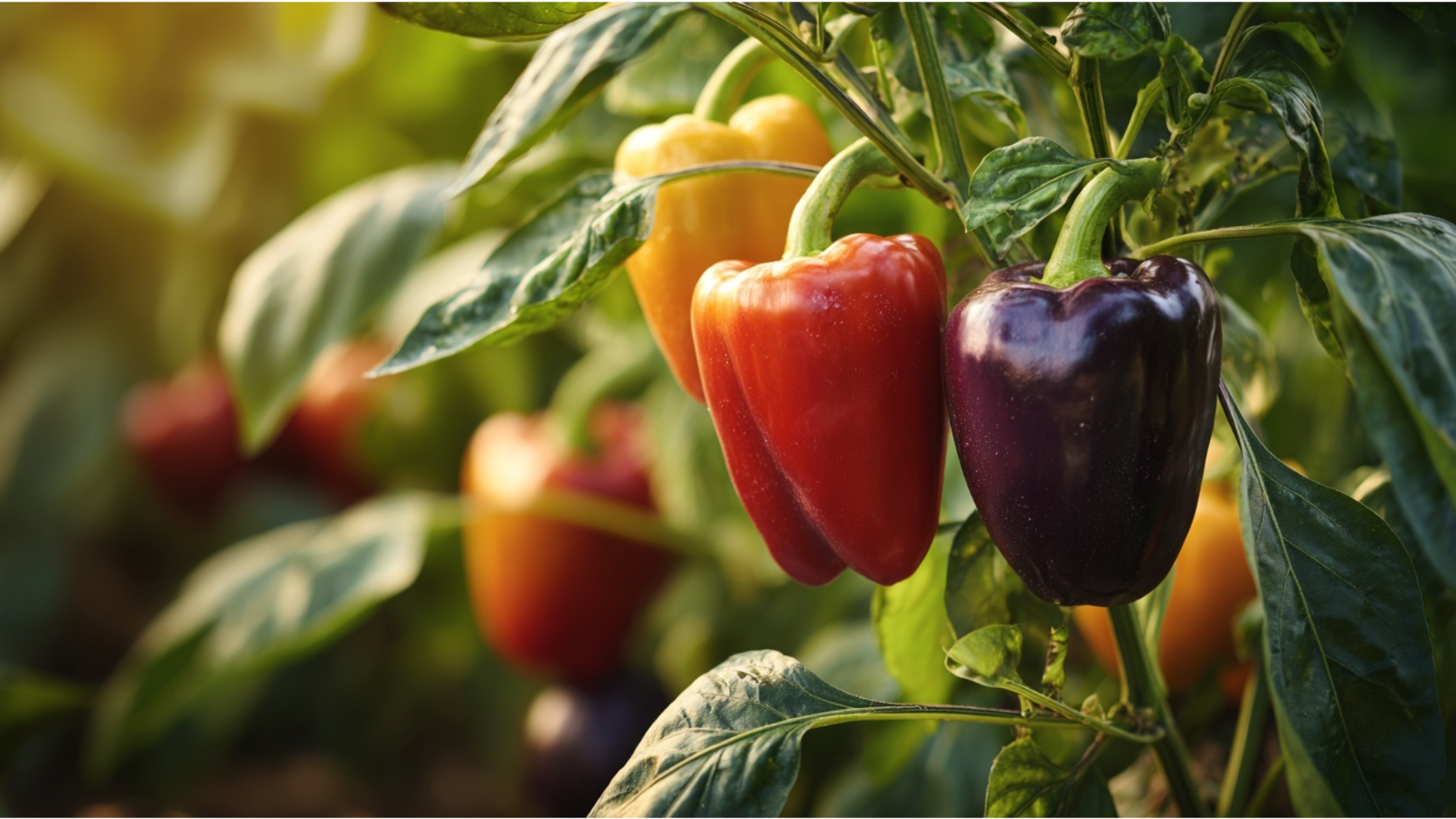 red bell peppers and deep purple eggplant growing on plants in a vegetable garden