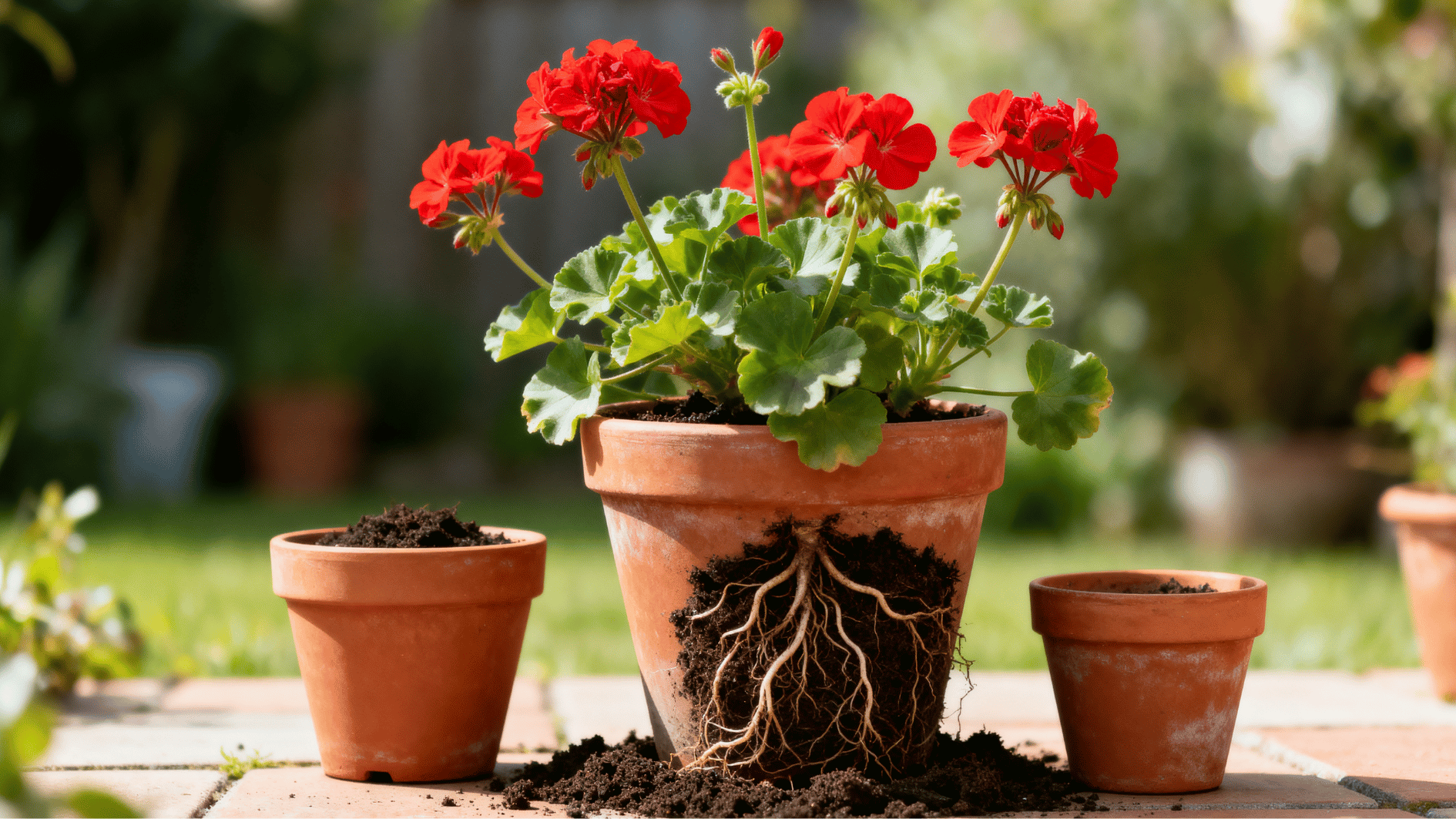 red geranium growing in a medium terracotta pot with visible healthy roots beside different container sizes.