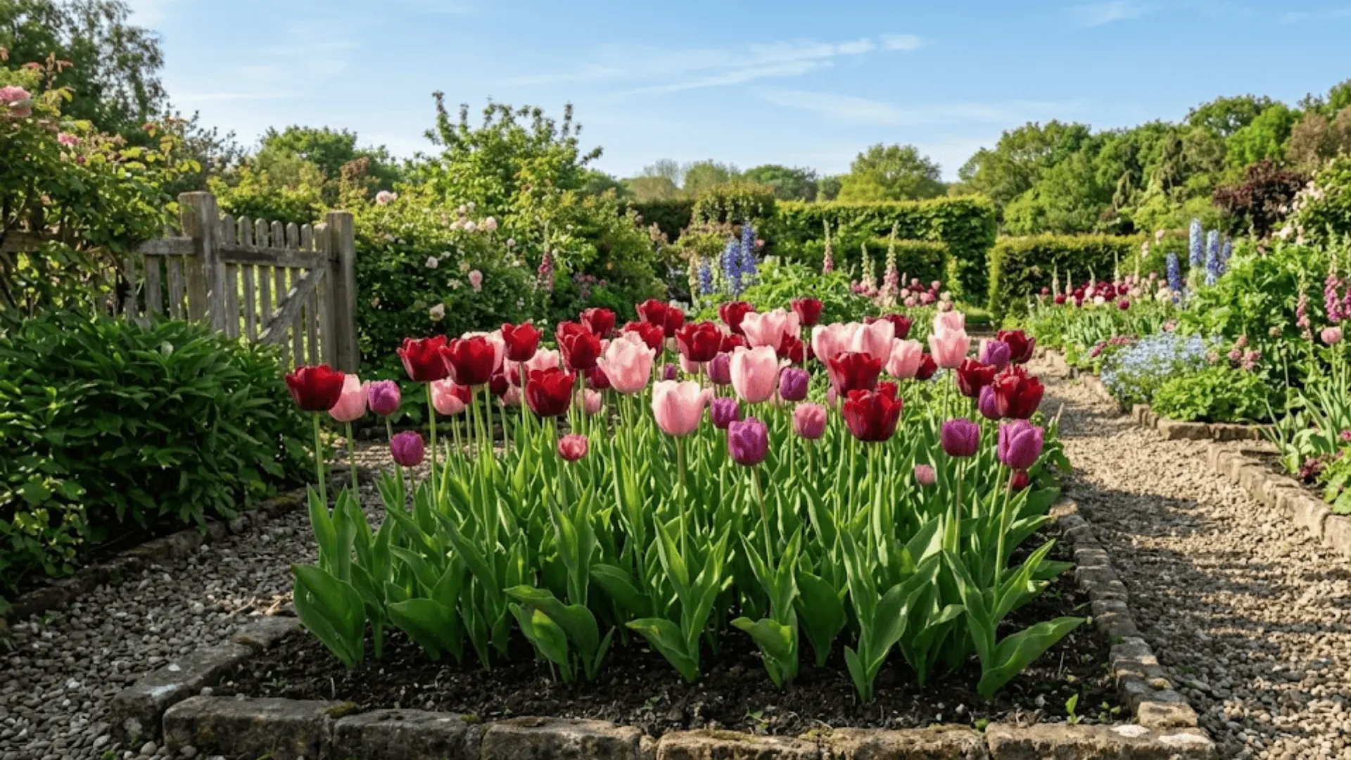 red pink and purple tulips in full bloom in cottage garden bed, golden morning light, stone border and wooden fence background