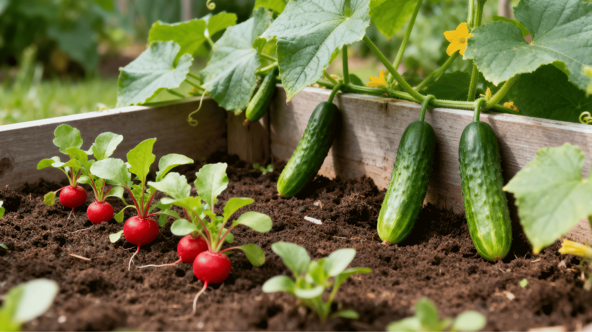 red radishes growing beside healthy cucumber vines in a raised garden bed with fresh soil and green leaves.