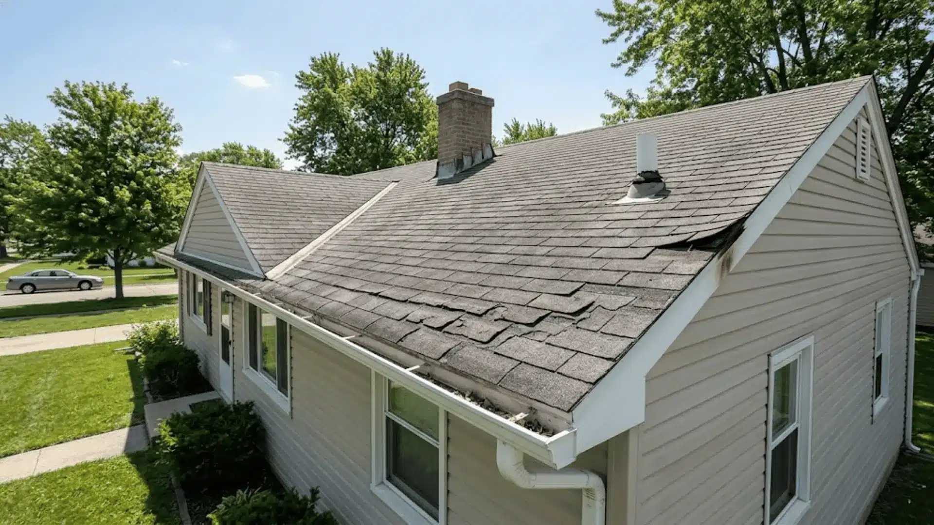 residential roof showing cracked shingles, worn flashing, and a deteriorating pipe boot seal in natural daylight