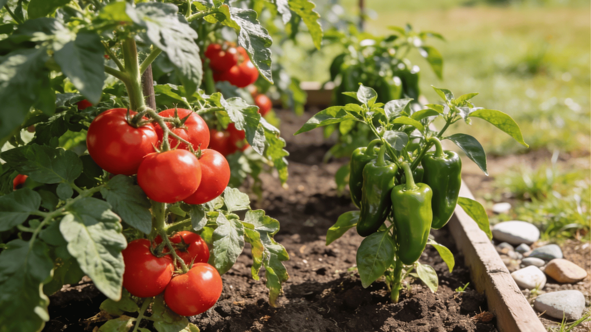 ripe red tomatoes hanging from vine beside green pepper plants in garden bed with soil and sunlight