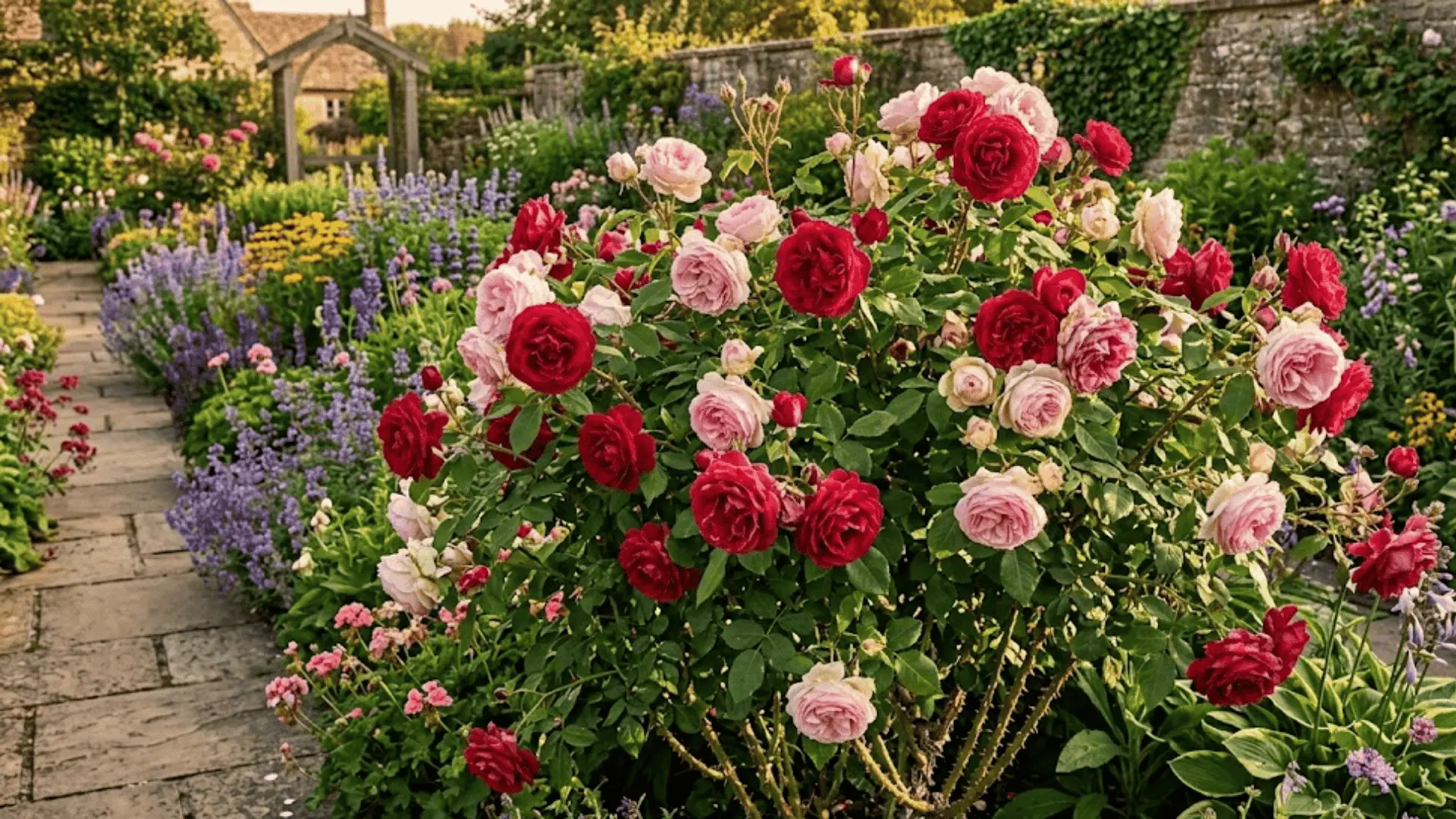 rose bush in full bloom with layered red and pink flowers and thorned canes in a garden border