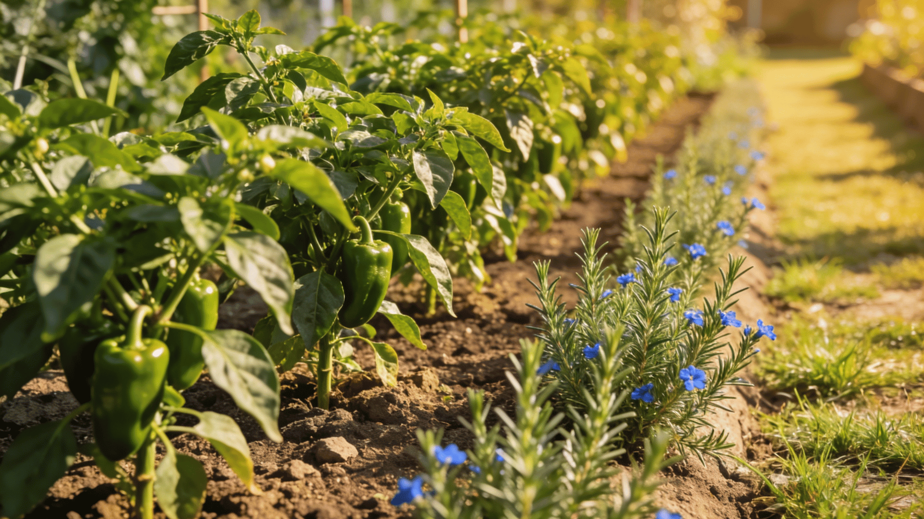 rosemary plants lining garden bed next to rows of green pepper plants in bright sun with soft shadows on soil