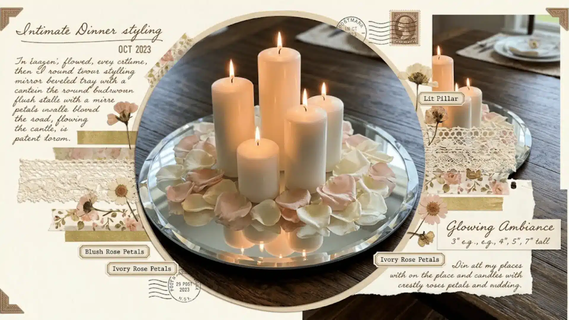 round mirror tray with white pillar candles and rose petals as elegant romantic dining table centerpiece