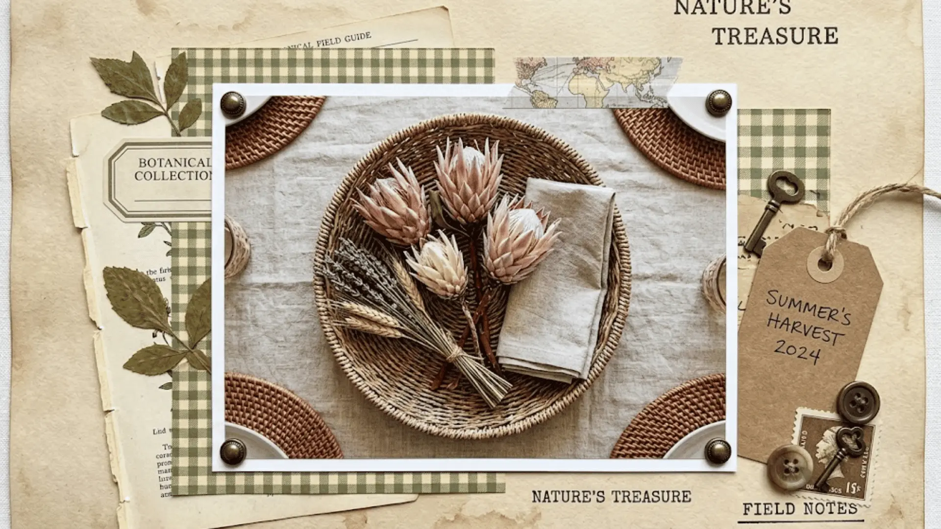 round seagrass basket with dried botanicals and protea flowers as natural dining table centerpiece
