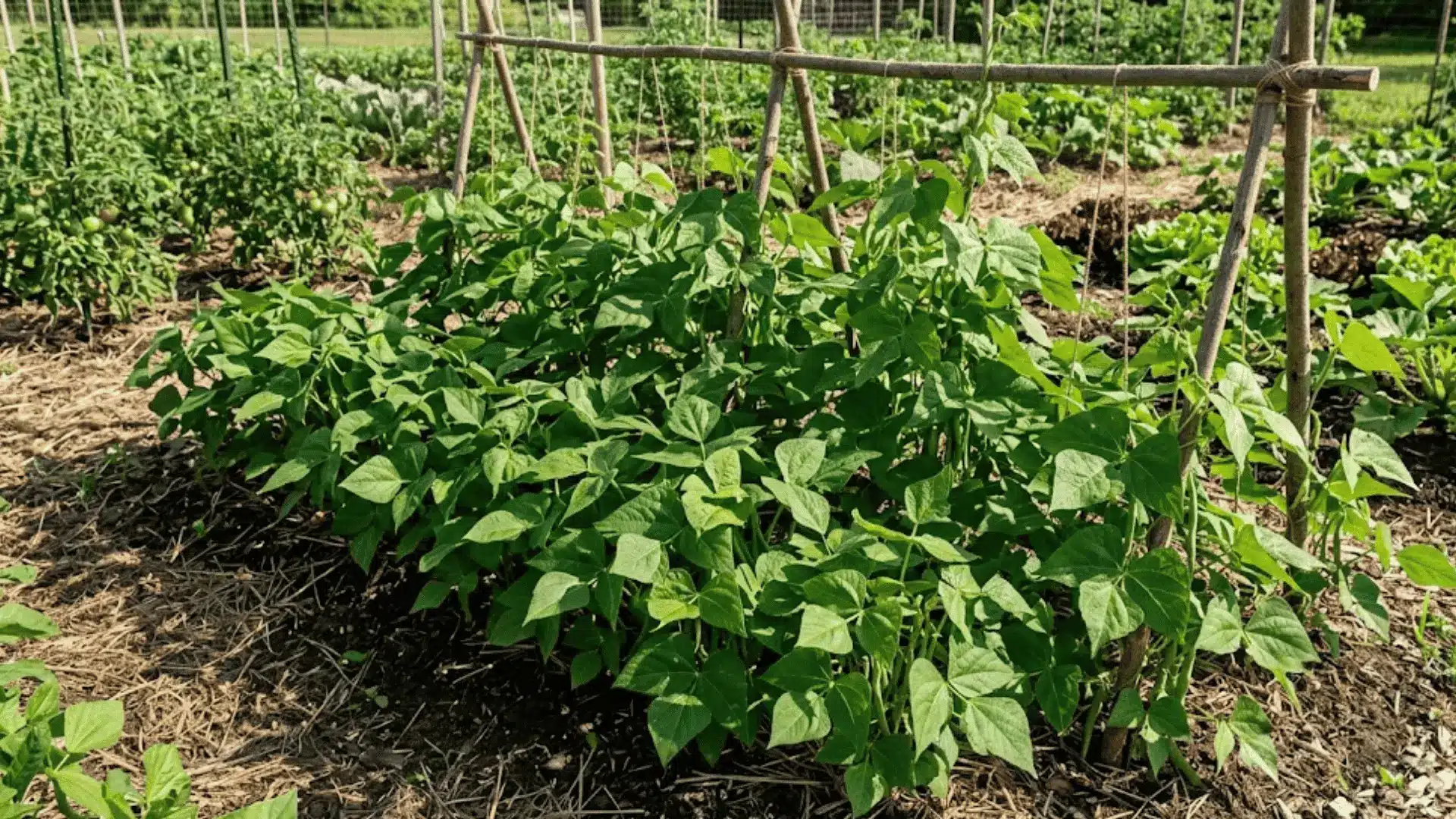 row of green bean plants in active vegetative growth with trifoliate leaves reaching toward a wooden trellis support
