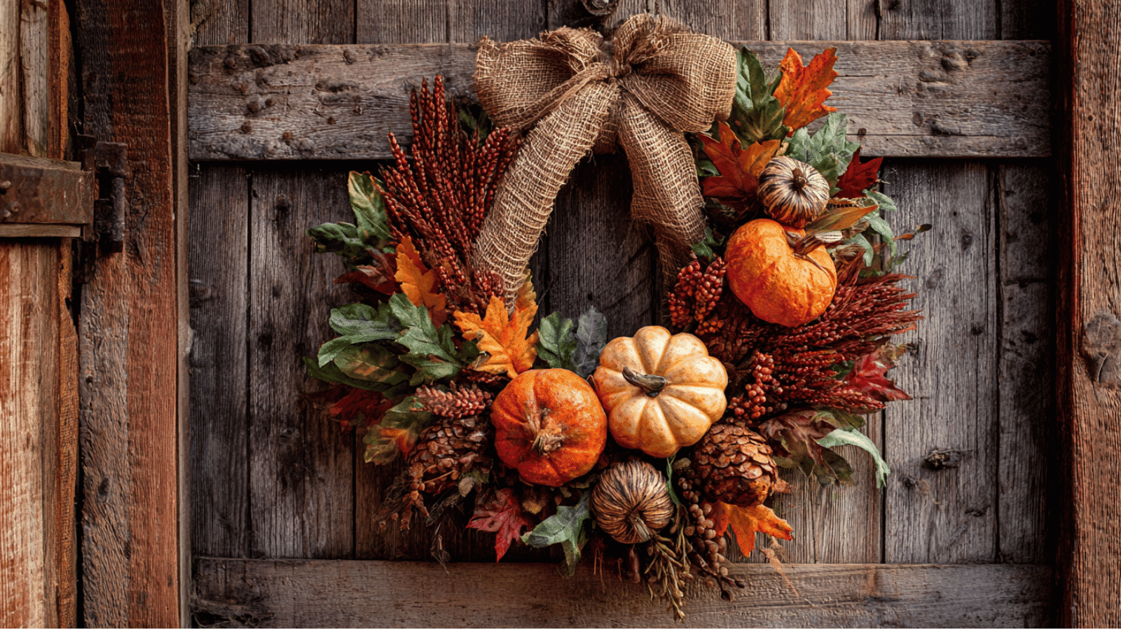 rustic fall wreath with pumpkins pinecones maple leaves and burlap ribbon hanging on a weathered wooden barn door