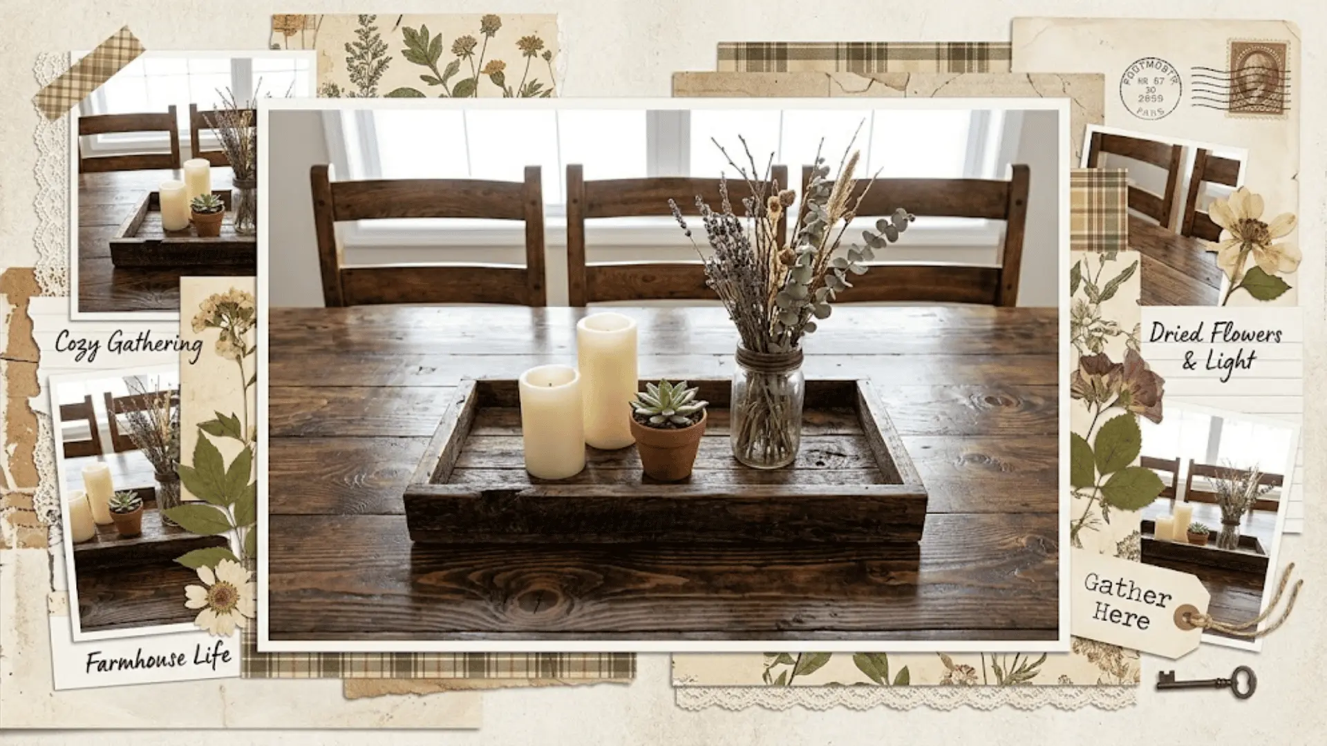 rustic wooden tray with candles plant and vintage jar as farmhouse dining table centerpiece
