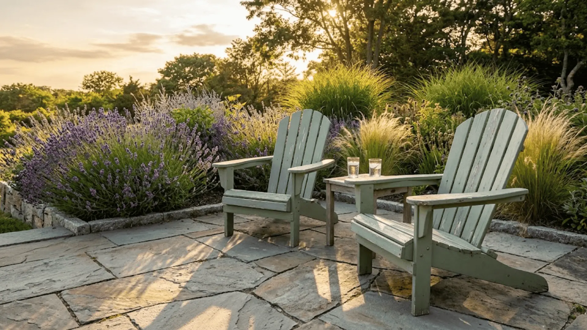 sage green adirondack chairs on a stone patio beside a lavender garden bed in warm afternoon sunlight