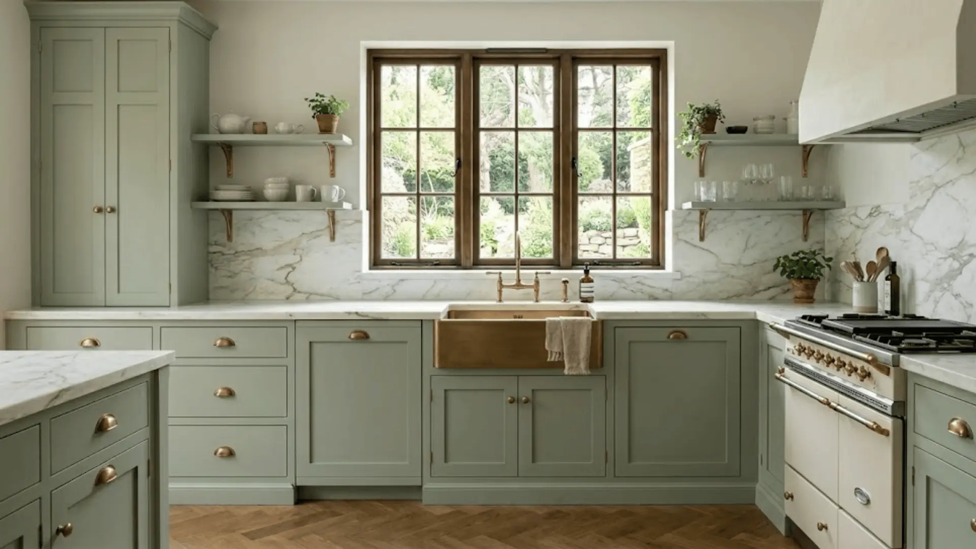 sage green inset cabinets with brass hardware and calacatta marble countertops in a refined kitchen