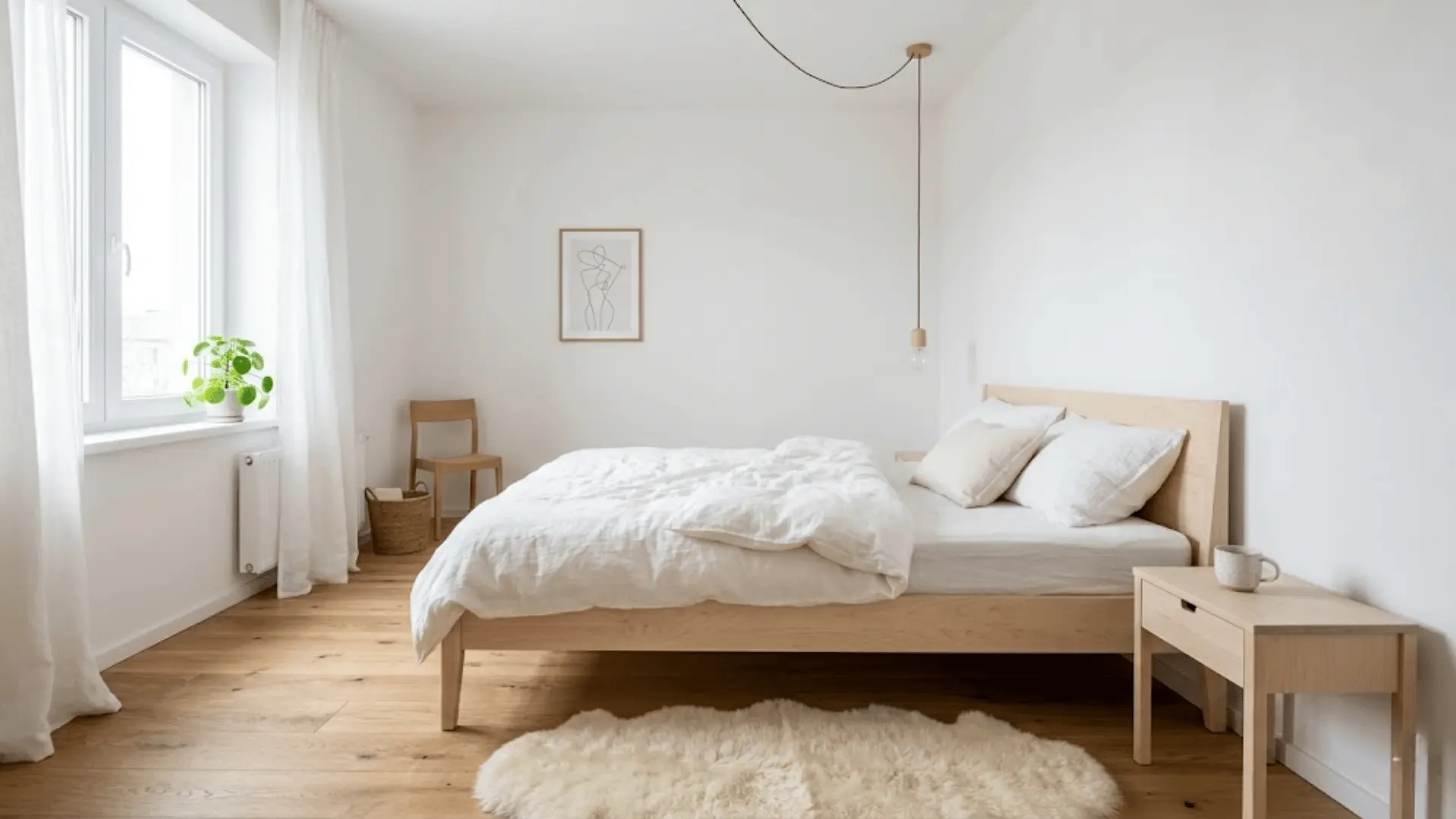 scandinavian neutral bedroom with birch bed frame, sheepskin rug, white linen bedding, and pendant light