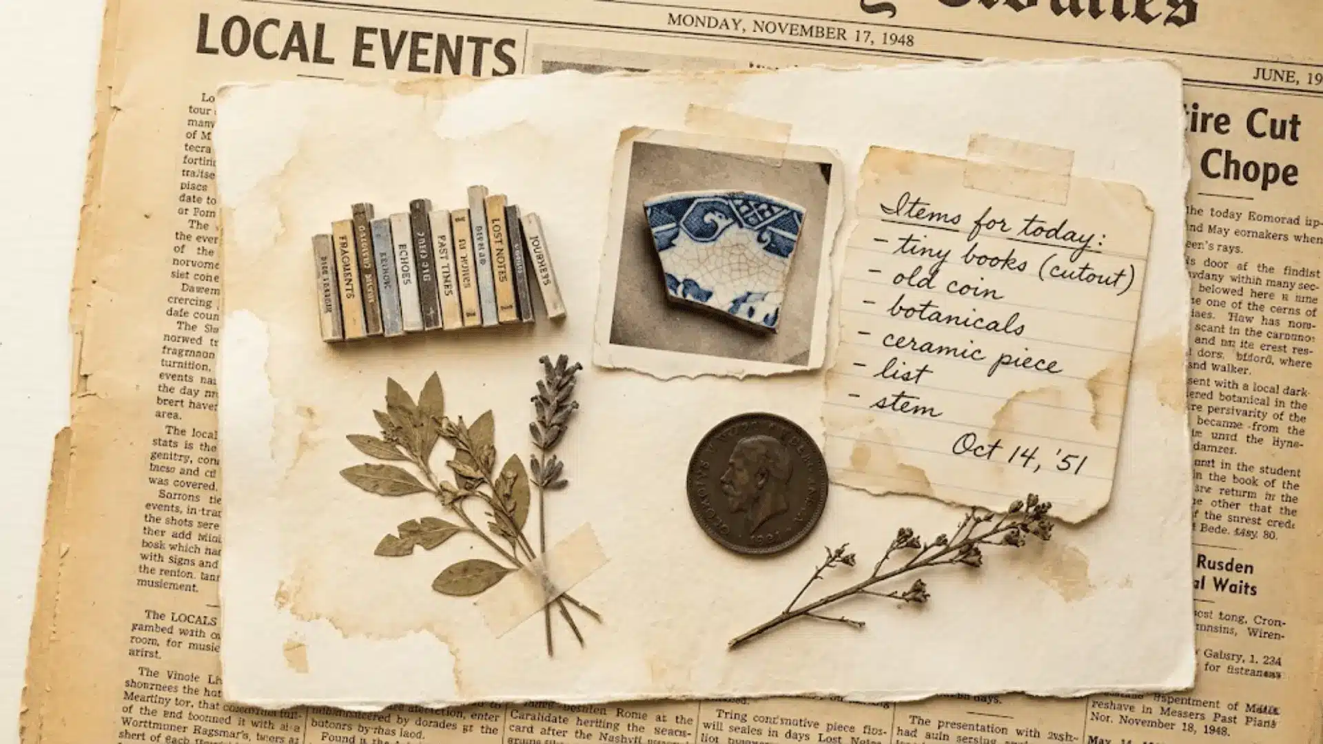 scrapbook collage of book spines ceramic shard pressed botanical handwritten list and dried stem on aged paper