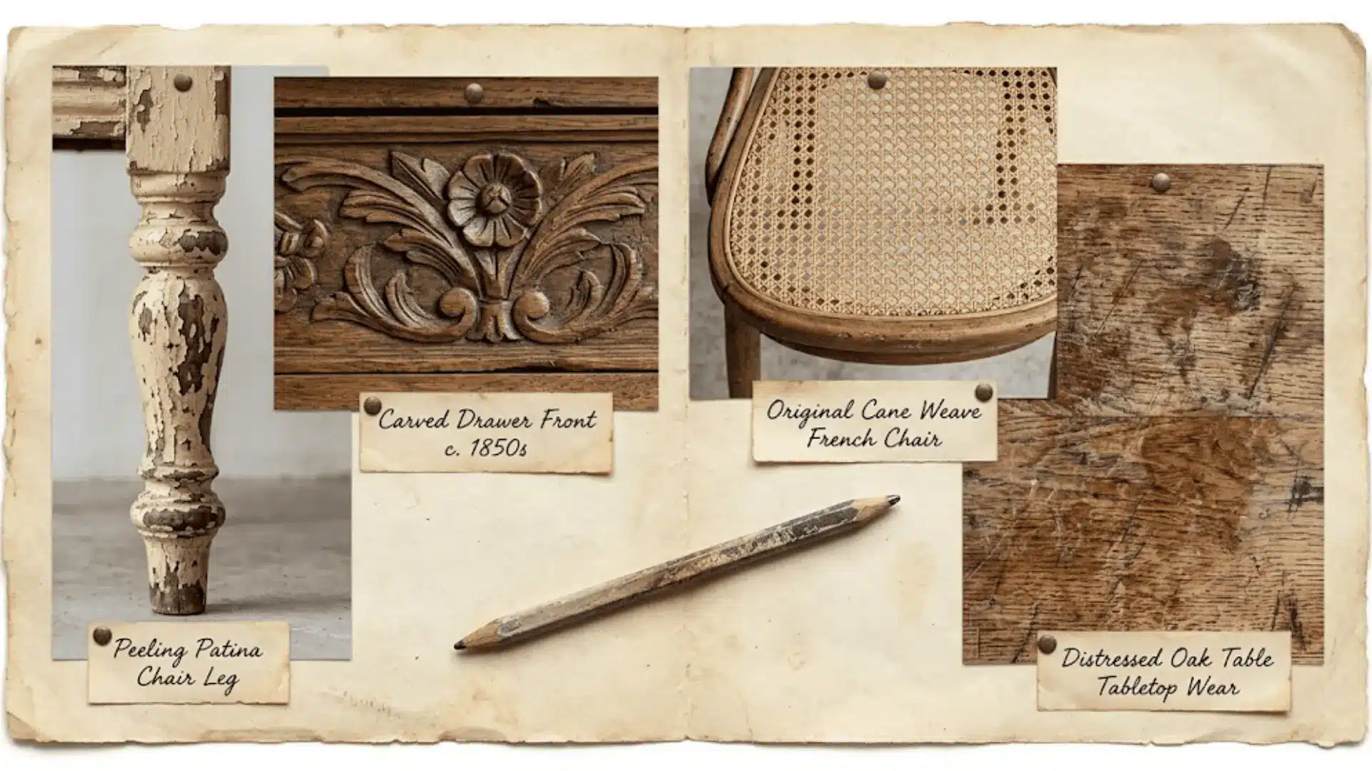 scrapbook collage of distressed furniture details, carved wood, peeling paint, cane chair, and worn tabletop textures