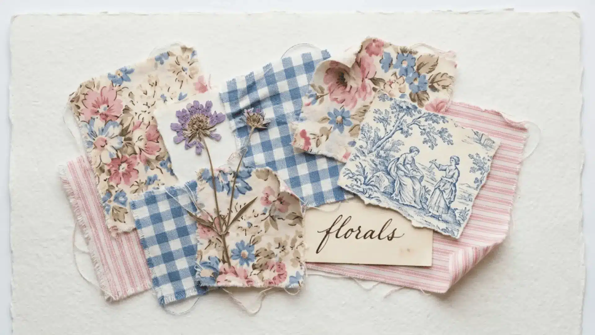 scrapbook collage of floral gingham and toile fabric swatches with pressed flower and handwritten ink label