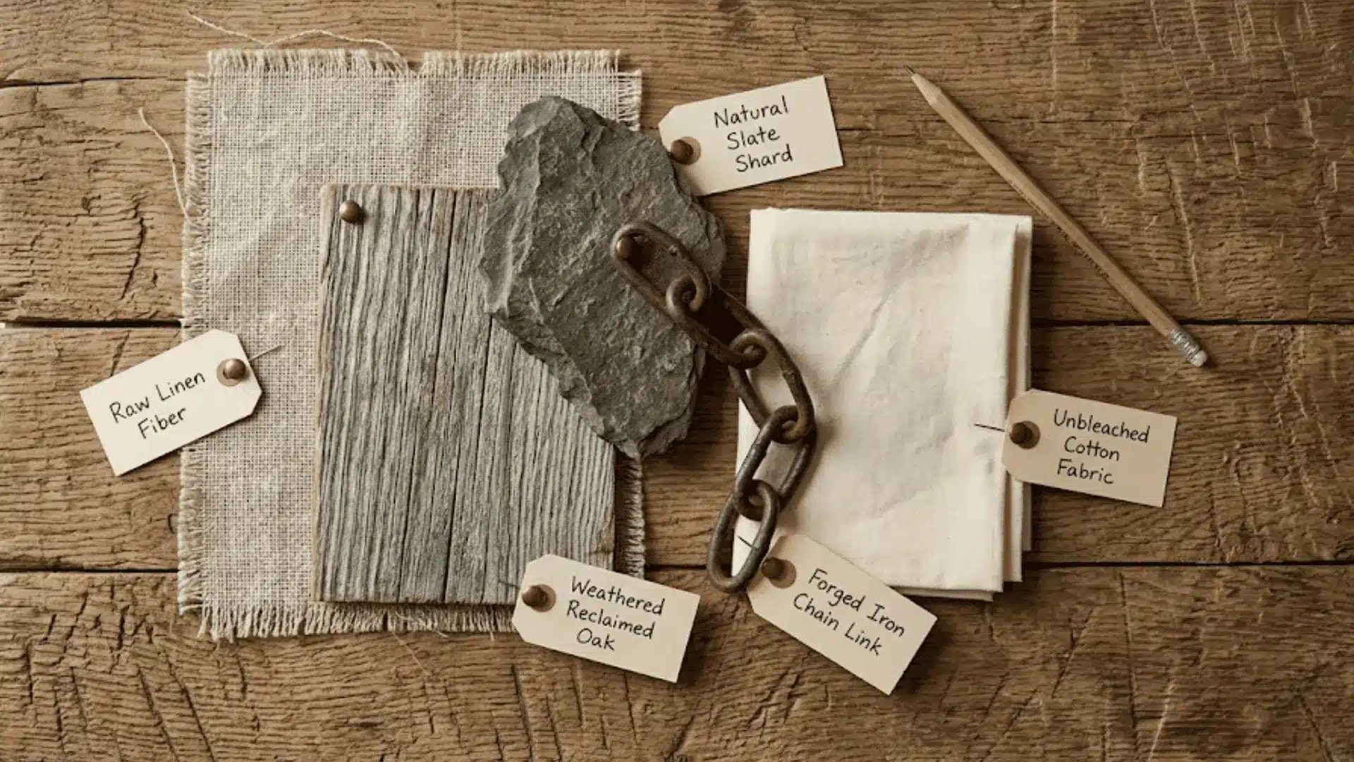 scrapbook collage of linen, reclaimed wood, stone fragment, wrought iron, and cotton on a rough wooden surface