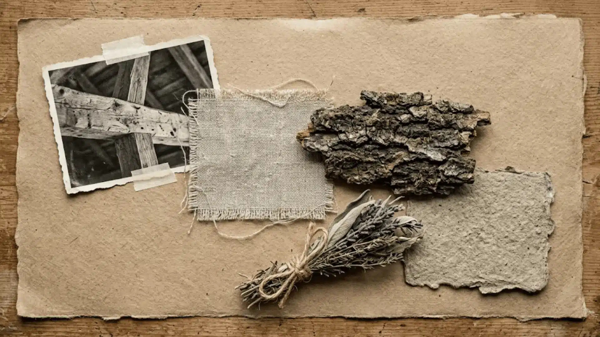 scrapbook collage of linen swatch stone texture bark dried herbs and wood beam photo on kraft paper