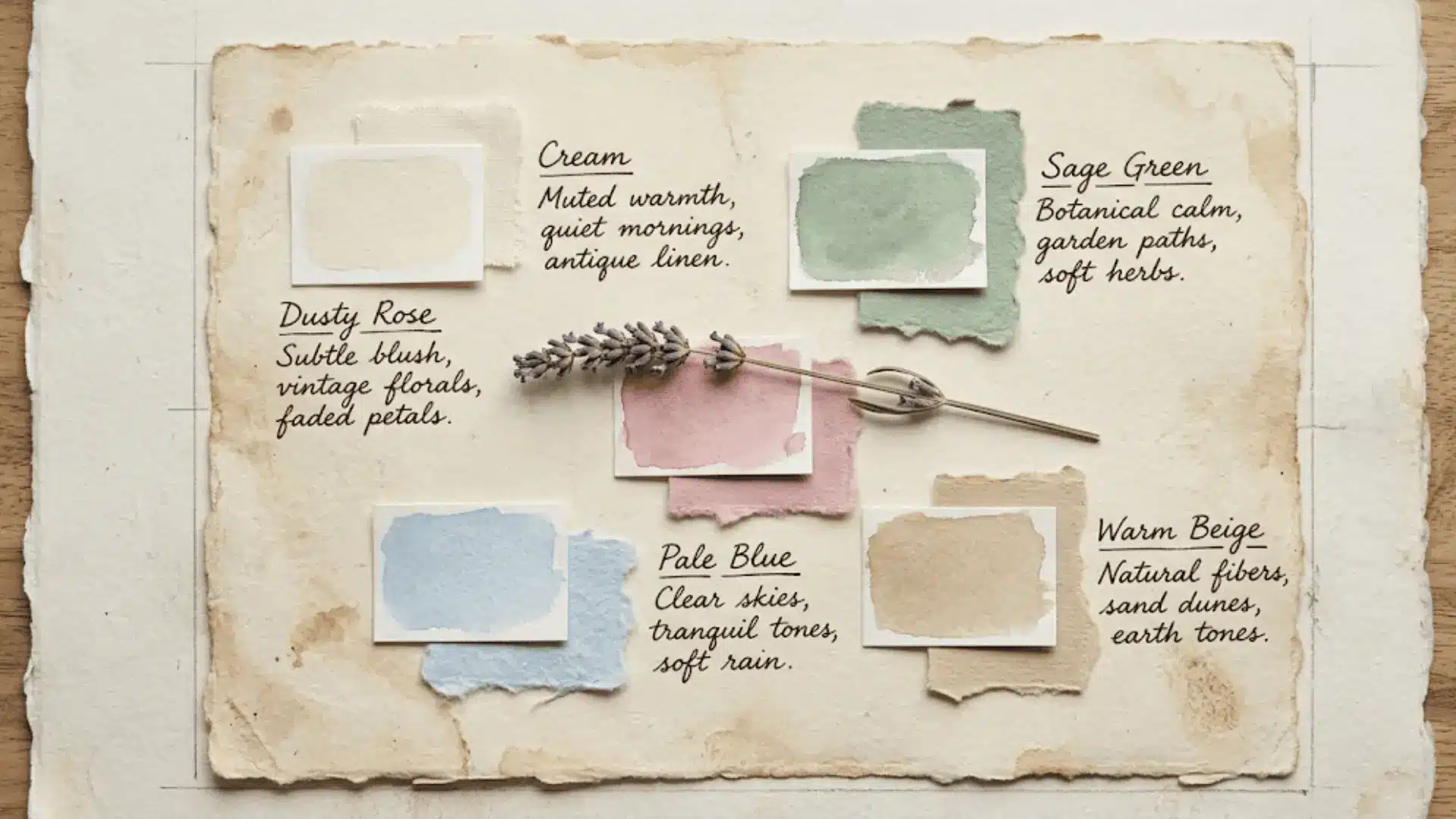 scrapbook collage of muted paint swatches torn paper and dried lavender sprig on worn watercolor paper