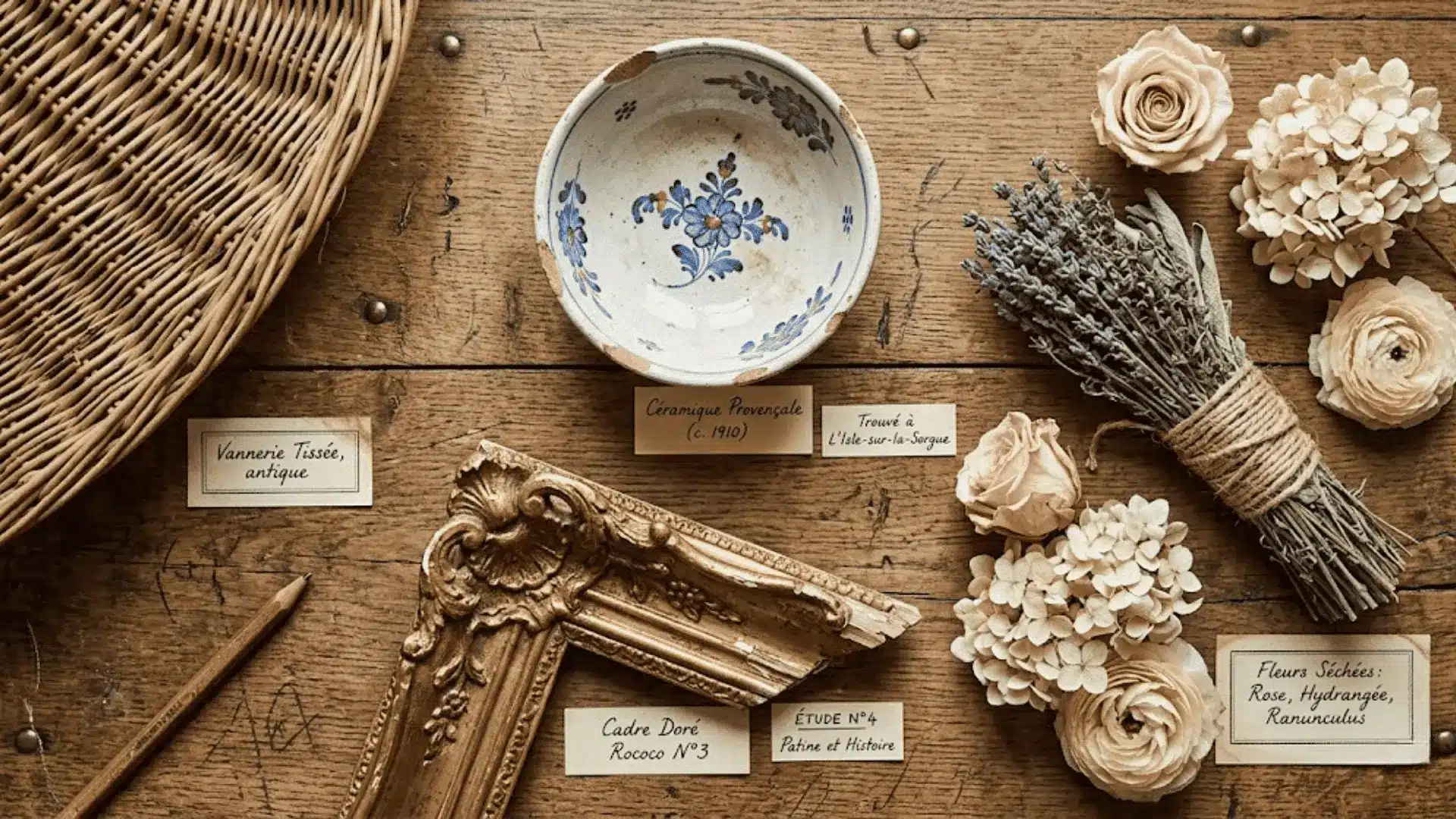 scrapbook collage of painted ceramic, gilded mirror fragment, wicker, dried herbs, and flower heads on oak surface