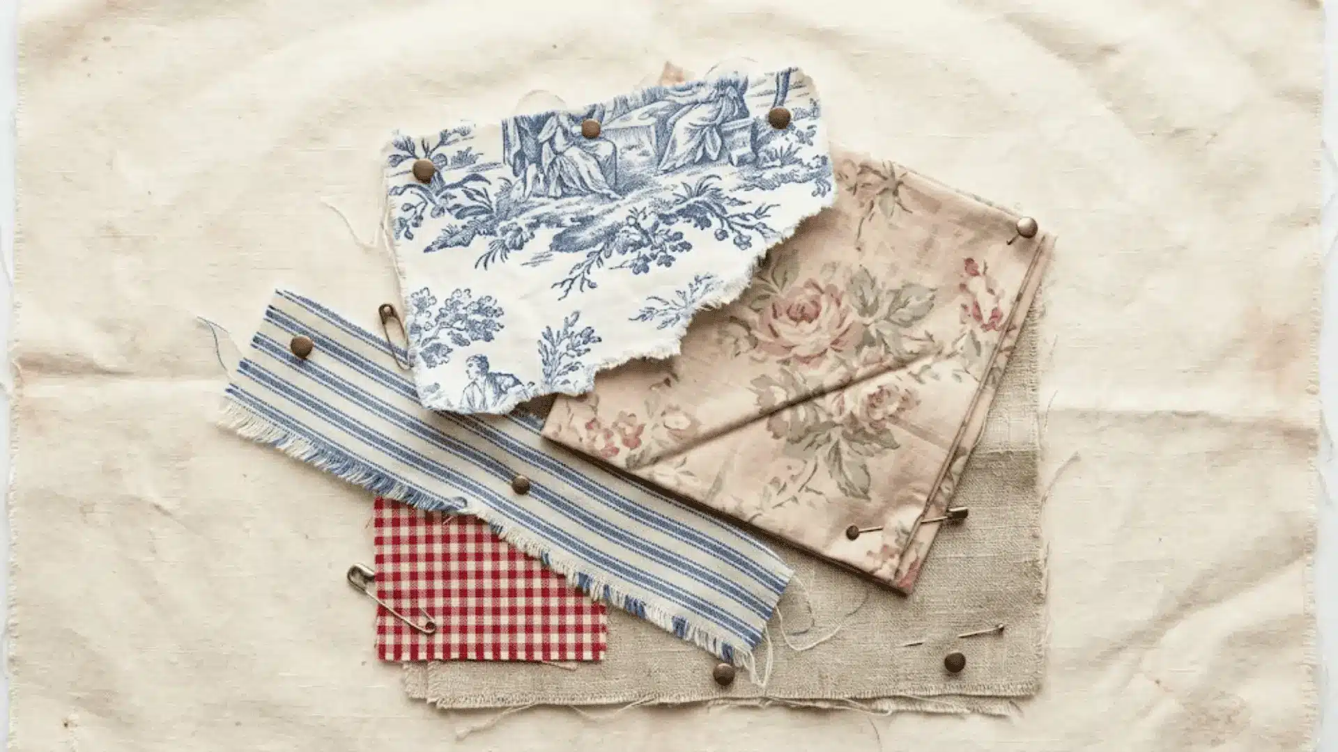 scrapbook collage of toile, faded floral, ticking stripe, gingham, and raw linen fabric swatches on cream background