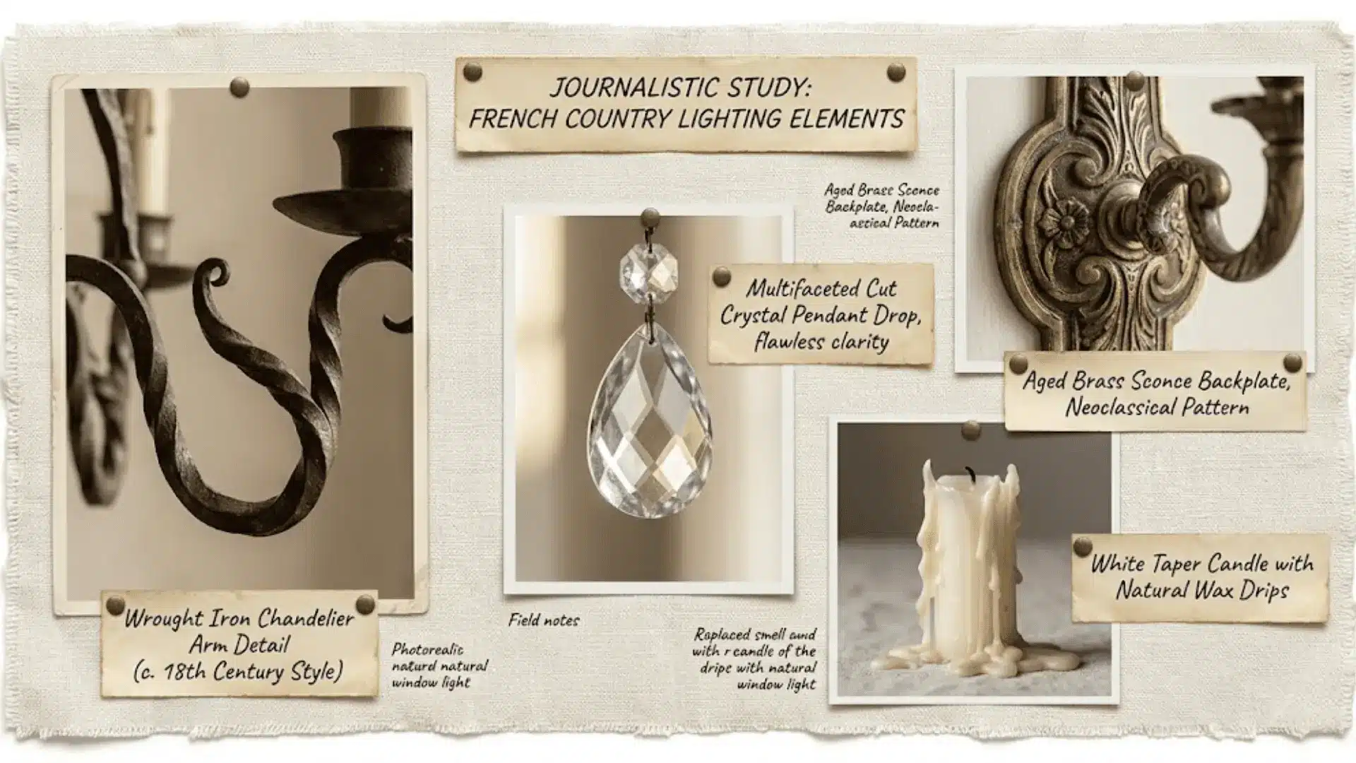 scrapbook collage of wrought iron chandelier detail, crystal pendant, brass sconce bracket, and taper candle on linen