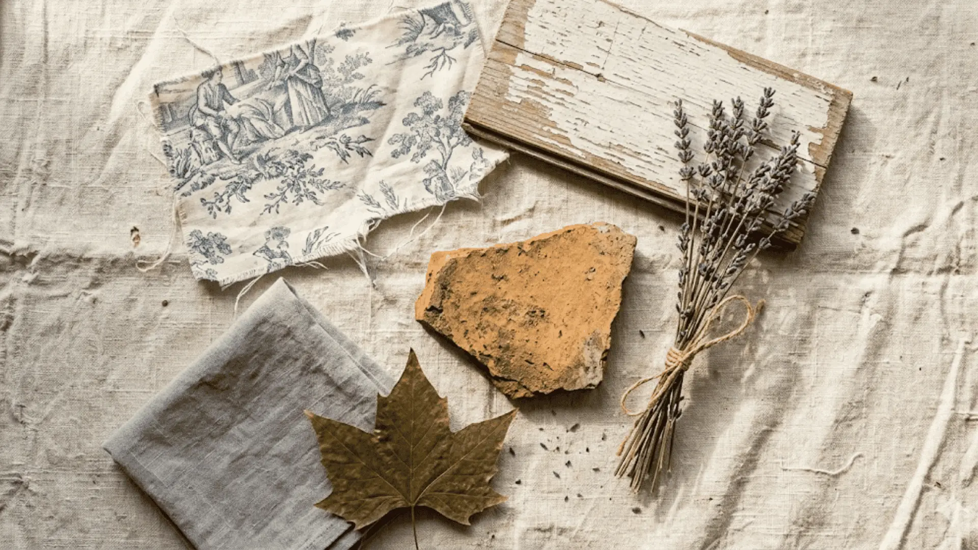 scrapbook flat lay of toile fabric, dried lavender, whitewashed wood, pressed leaf, and terracotta tile on linen surface