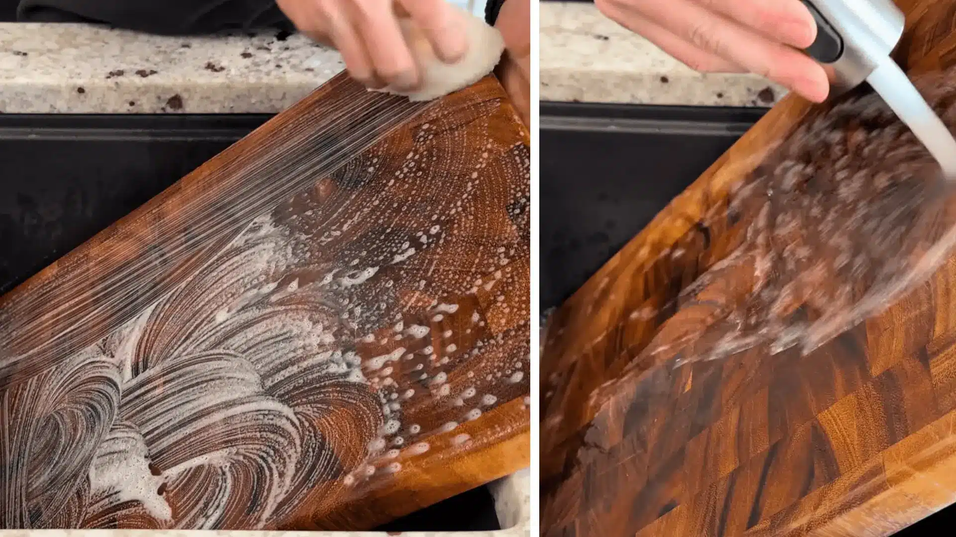 scrubbing a wooden cutting board with soap and rinsing it clean under running water