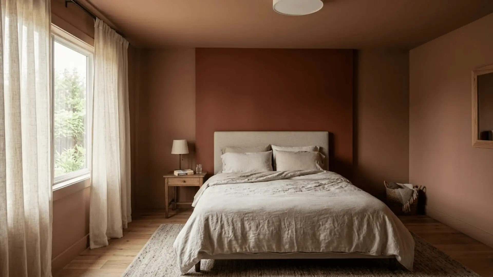 serene bedroom with warm matte flat paint walls and ceiling absorbing soft natural morning light through sheer curtains