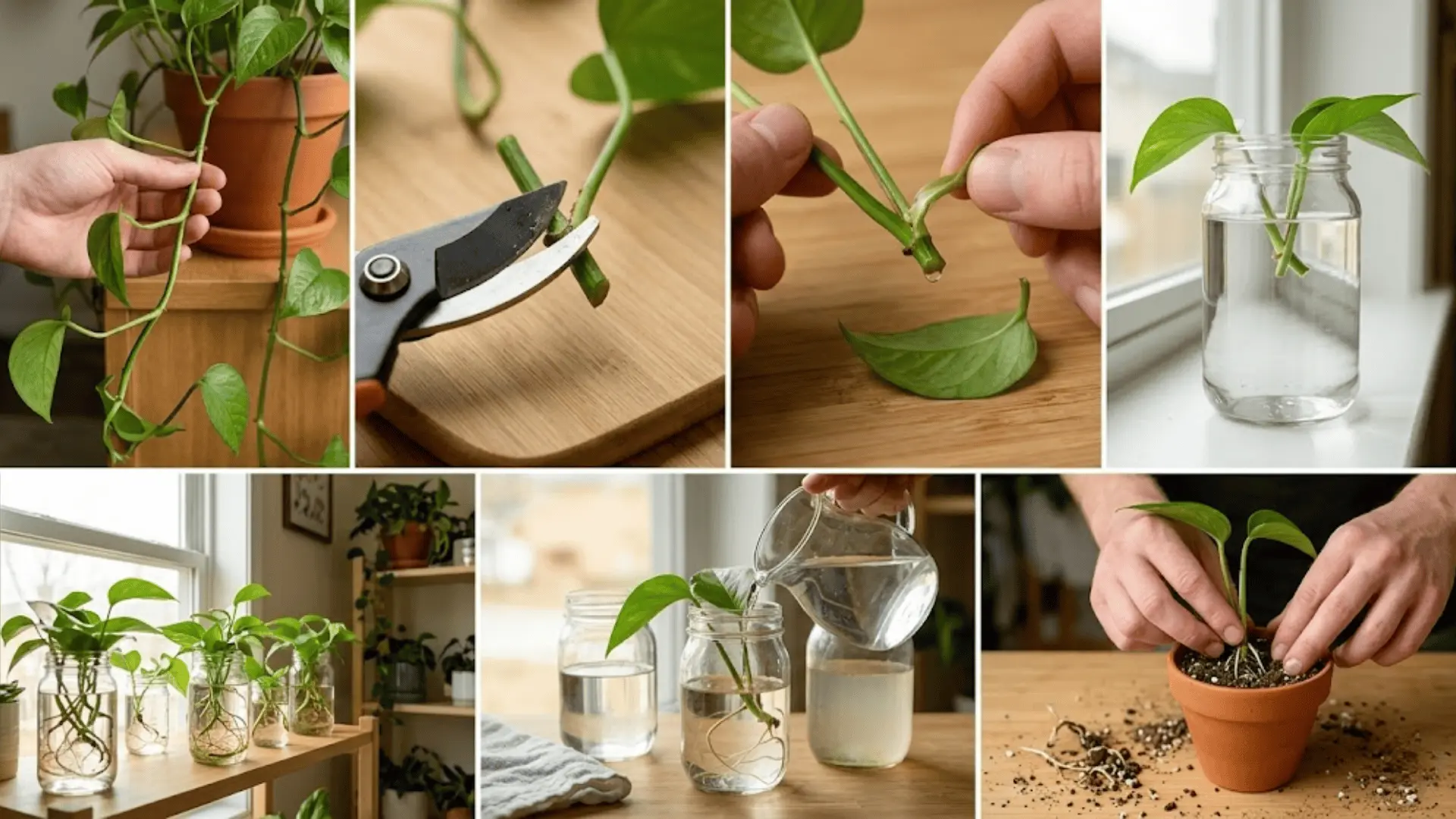 seven-panel editorial photo showing pothos water propagation steps from selecting a vine to transplanting rooted cuttings into soil