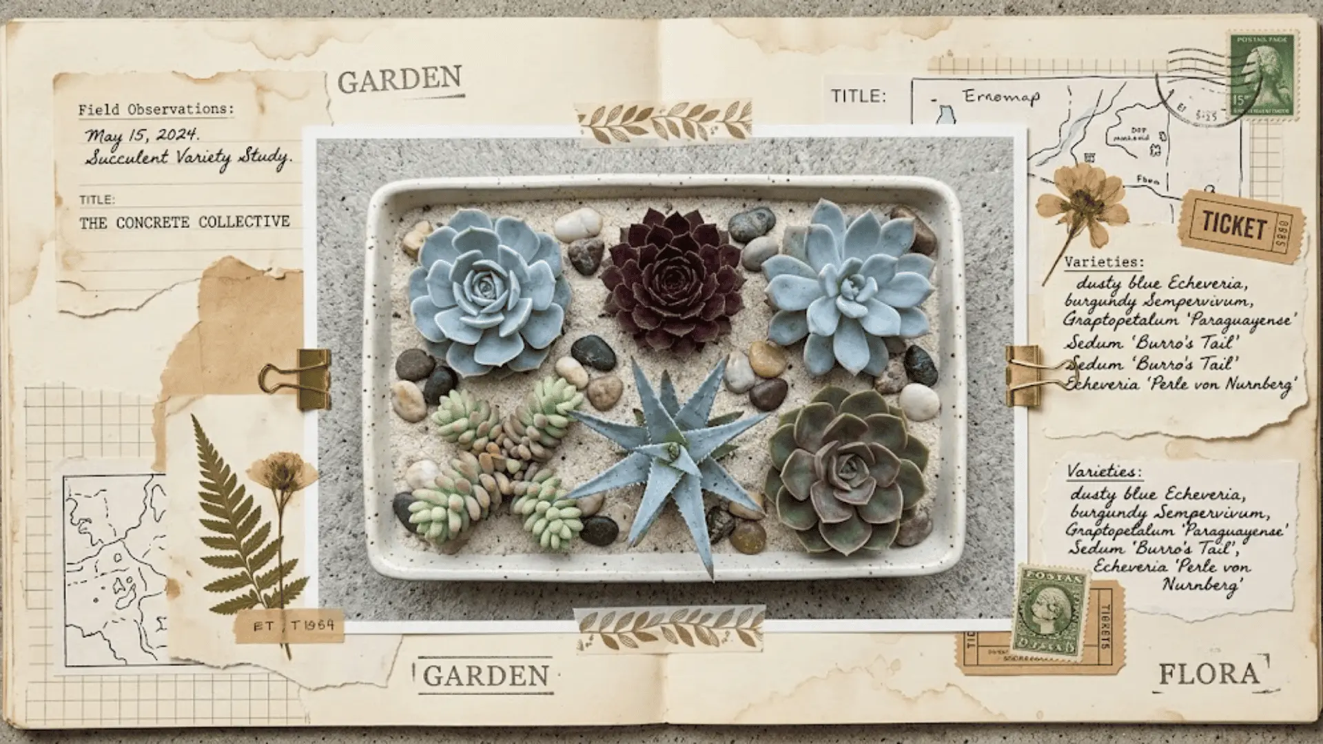 shallow ceramic tray with mixed succulent varieties and pebbles as dining table centerpiece on concrete