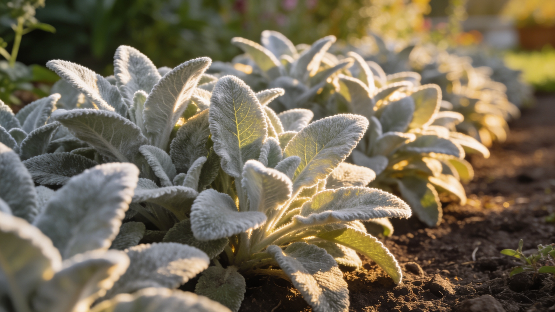 silver grey lamb's ear plants with thick fuzzy leaves growing densely along a sunny garden border covering the soil below
