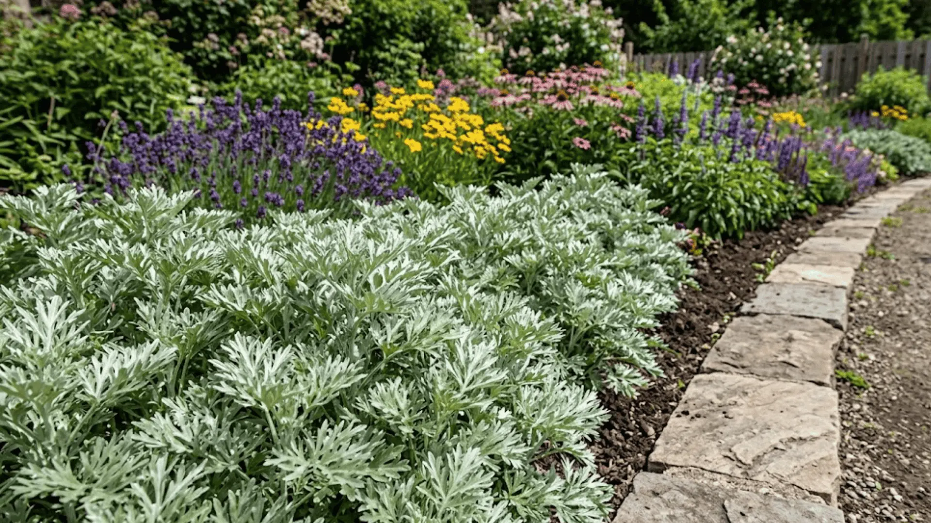 silvery grey wormwood foliage along a garden border edge in bright daylight with colorful plants behind
