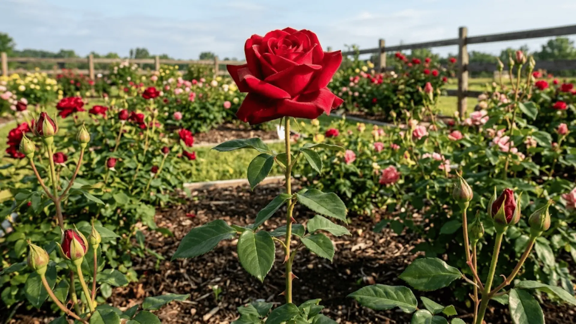 single deep red hybrid tea rose in full bloom in a sunlit cutting garden with long stems and green leaves