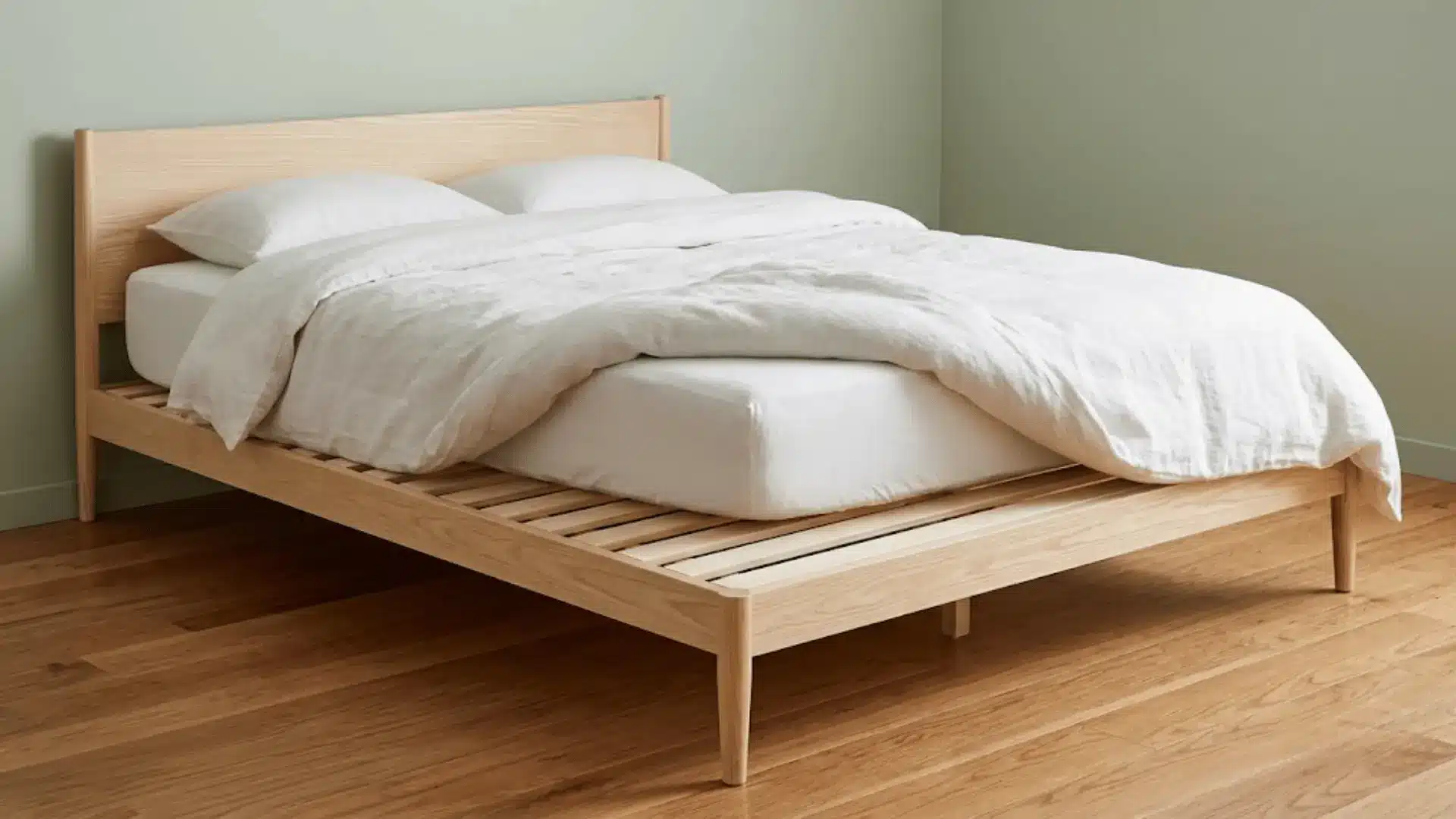 slatted platform bed with ash wood slats and white linen bedding in a sage green bedroom