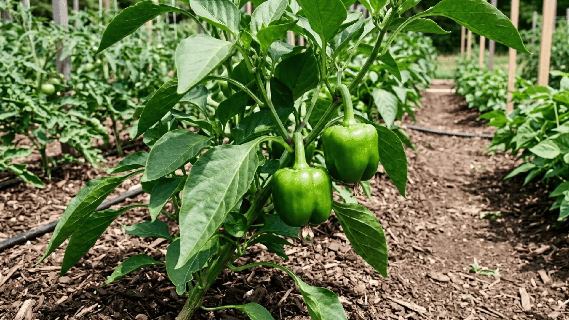 small firm green bell peppers forming on plant in garden bed, dried flower remnants visible, natural midday light
