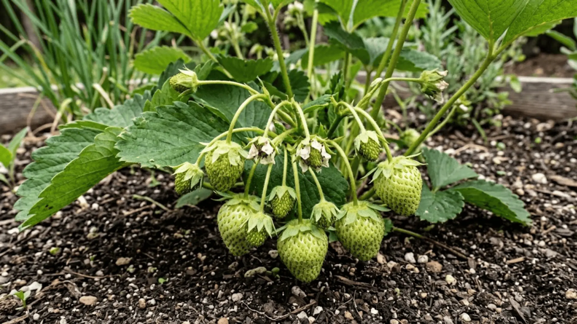 small green strawberries in early development growing on a plant with dried petals attached