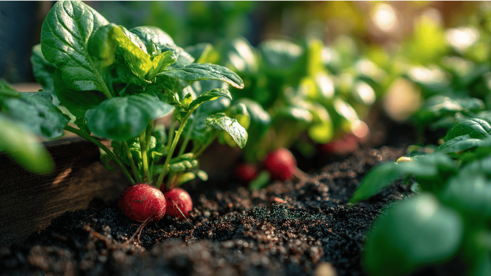 Small red radishes growing beside basil in soft garden light with rich black soil and fresh leafy tops.