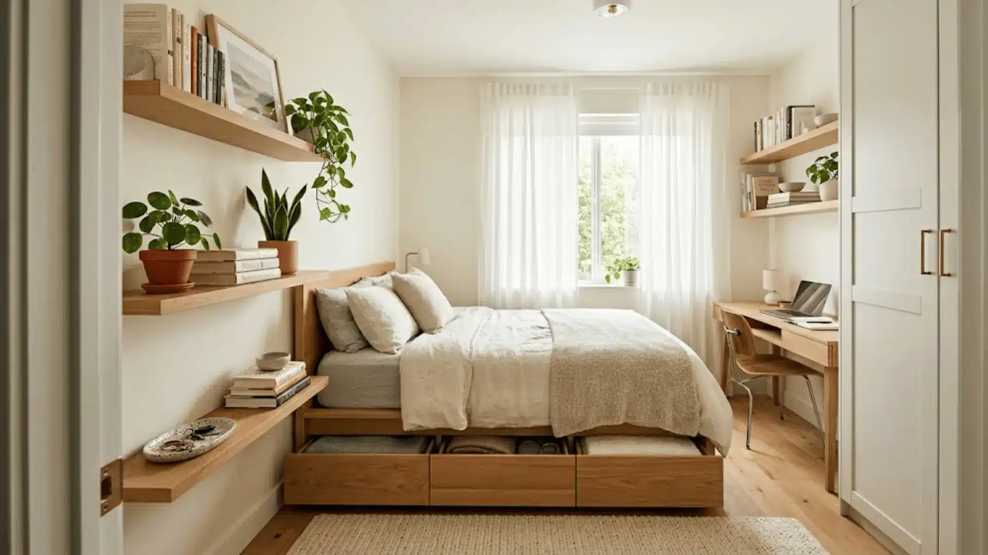 small spare bedroom with under-bed storage, wall-mounted shelves, slim wardrobe, and light white walls