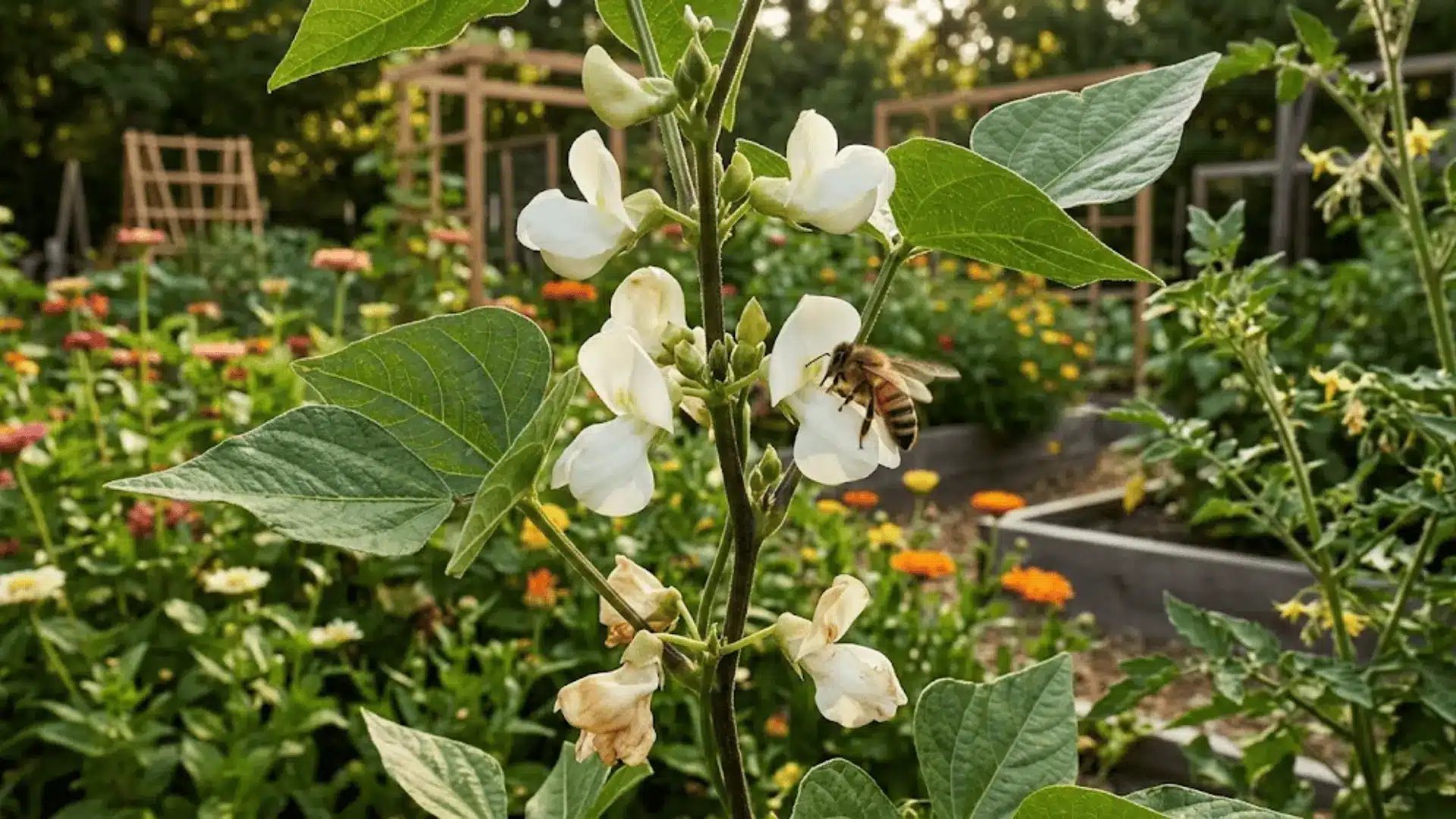 small white green bean flowers open at leaf nodes with a bee mid pollination in warm afternoon garden light