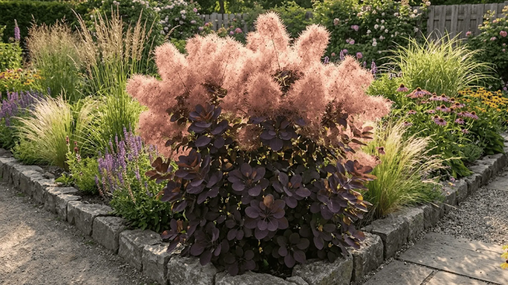 smoke bush with billowy pink smoky plumes above deep burgundy foliage in a sunny garden border