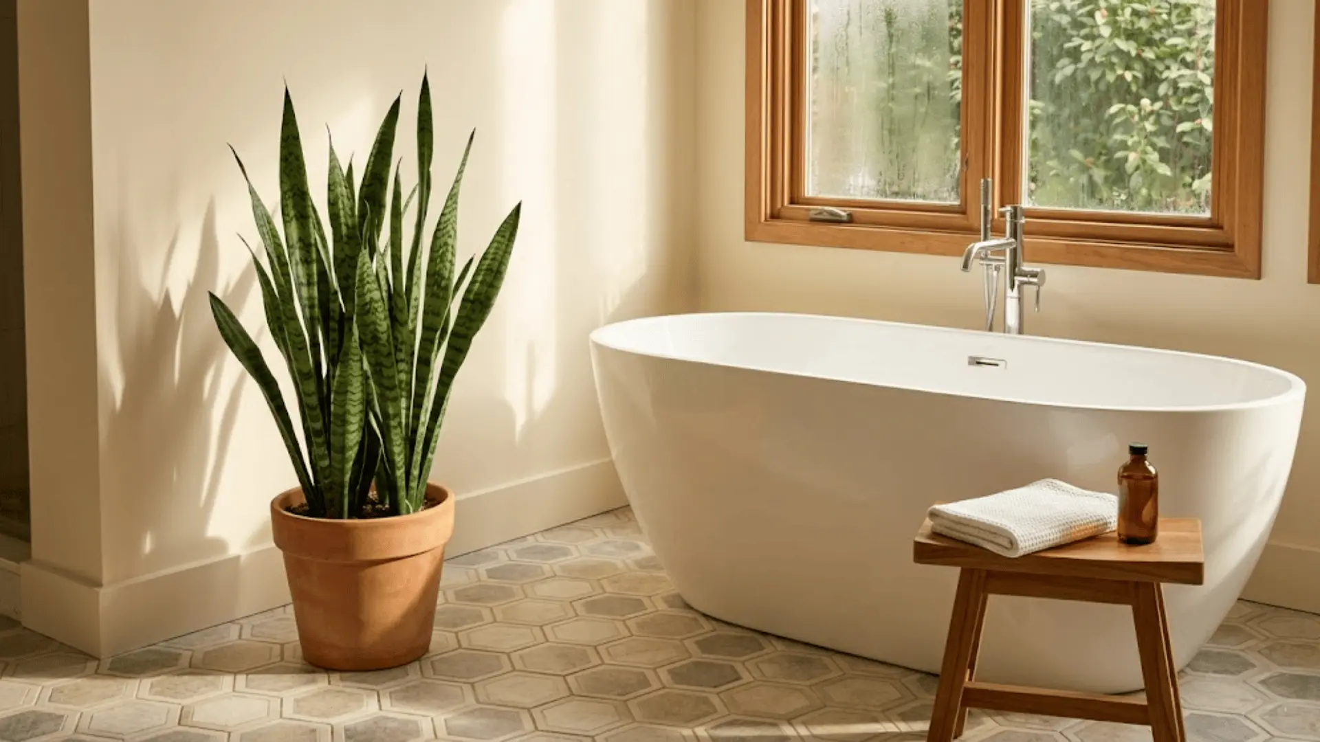 snake plant in terracotta pot beside a freestanding bathtub with warm afternoon light and hex tiles