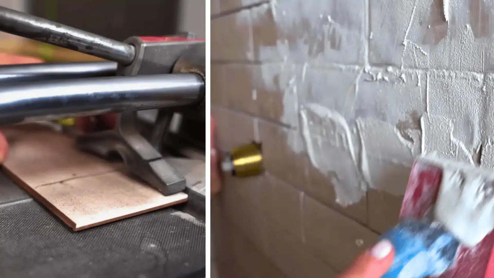 snap cutter scoring a ceramic tile and grout brush cleaning joints on a freshly tiled shower wall