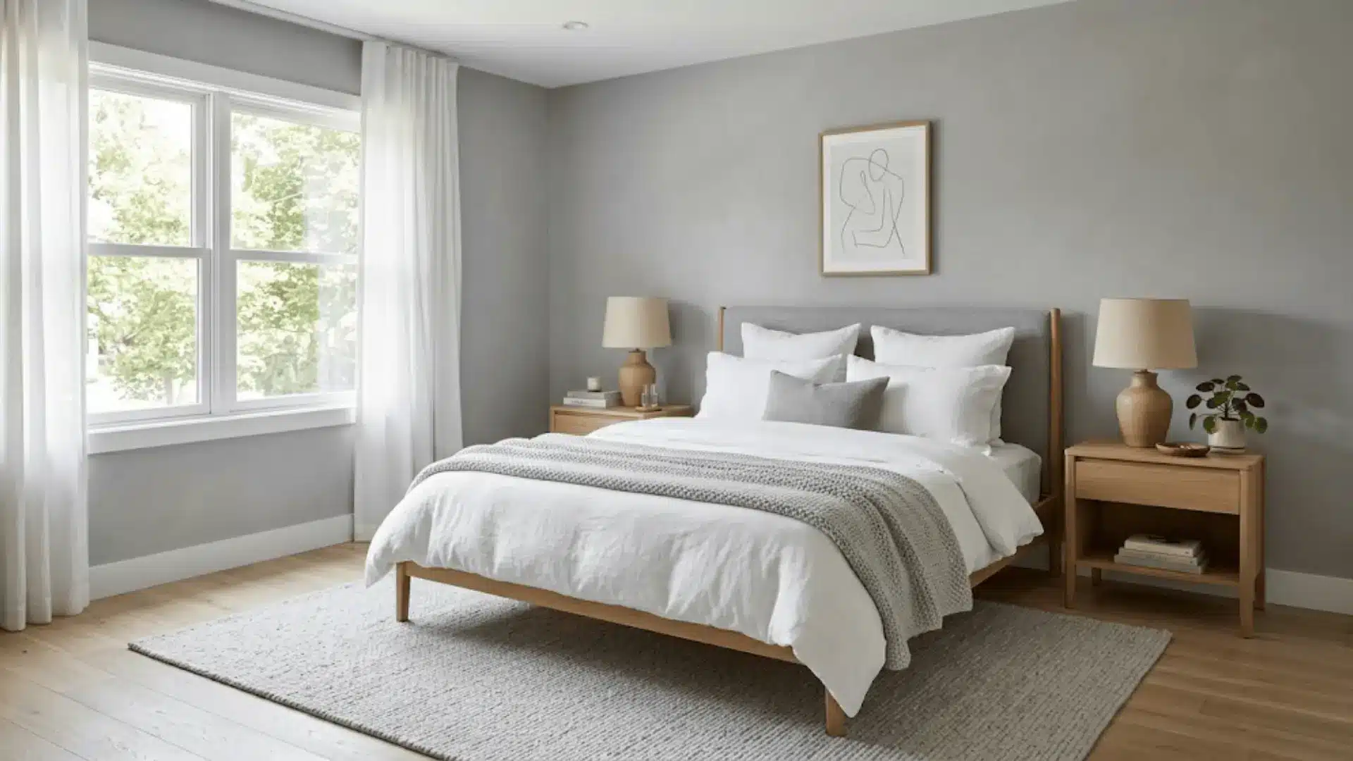 soft gray and white bedroom with fluffy duvet, gray knit throw, and light oak furniture in diffused daylight