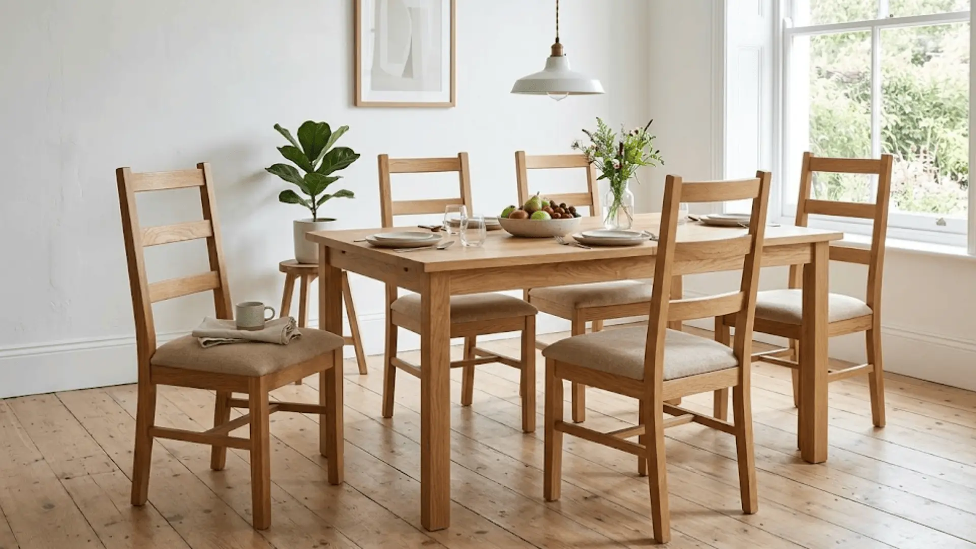 solid oak dining chairs with sand linen seats around a natural oak table in a bright scandinavian dining room