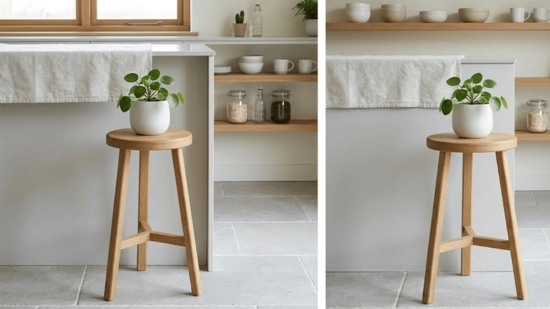 solid oak three-legged stool with a succulent beside a pale grey kitchen counter in a minimal kitchen interior